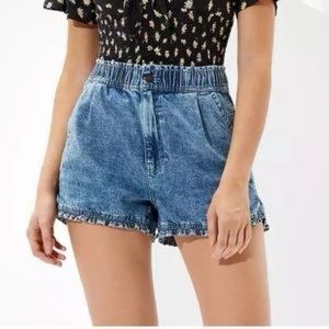 American Eagle High Rise Relaxed Fit Ruffle Denim Blue Mom Shorts.